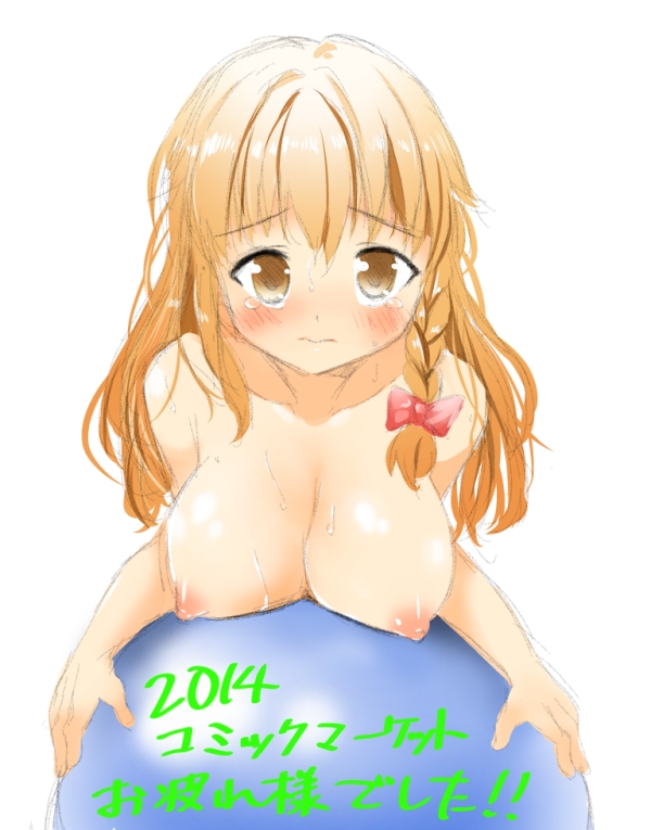 1girl bad_id bad_pixiv_id blonde_hair blush bow braid breasts female_focus hair_bow kirisame_marisa large_breasts long_hair looking_at_viewer nipples nude simple_background sketch solo tears toichi touhou translation_request