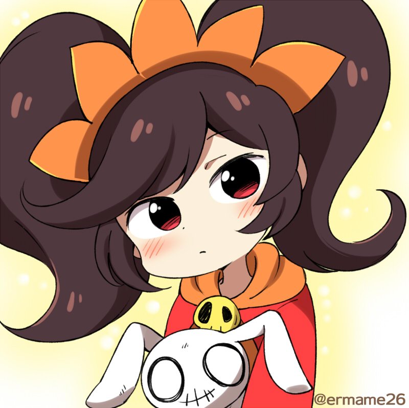 1girl ashley_(warioware) eromame looking_at_viewer neckerchief nintendo orange_neckerchief red_eyes skull skull_brooch solo stuffed_animal stuffed_rabbit stuffed_toy tiara twintails warioware