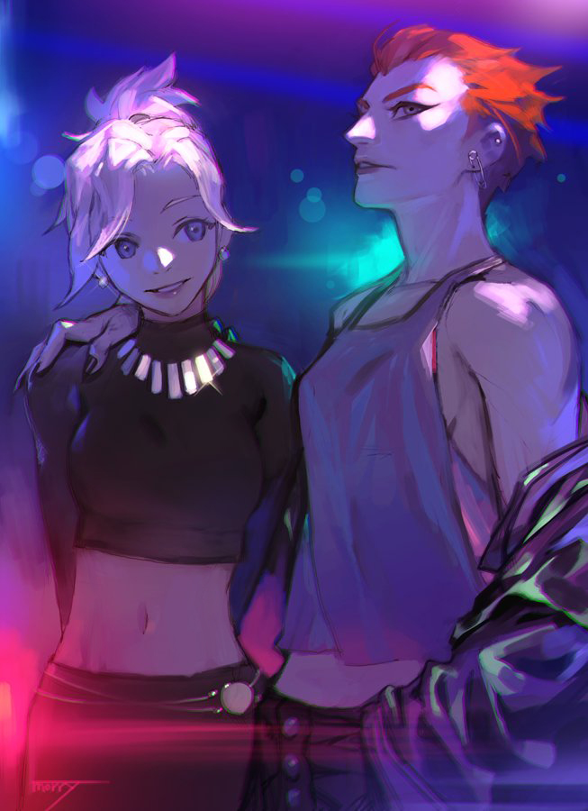 2girls arms_behind_back black_nails black_shirt blonde_hair blue_eyes breasts casual crop_top ear_piercing earrings grey_eyes hand_on_another&#039;s_shoulder jacket jewelry lipstick long_sleeves looking_at_another looking_at_viewer makeup medium_breasts mercy_(overwatch) midriff moira_(overwatch) morry multiple_girls nail_polish navel necklace neon_lights no_bra off_shoulder overwatch overwatch_1 parted_lips piercing pink_lips ponytail punk red_hair safety_pin shirt short_hair sideboob tank_top