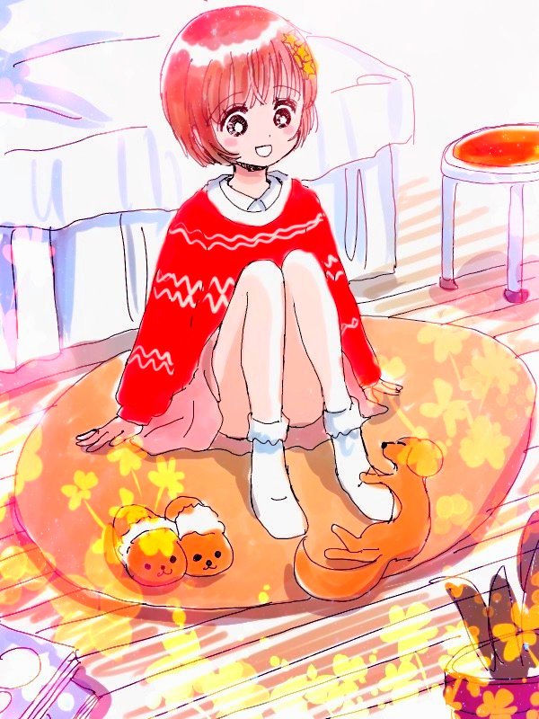 1girl bed curtains dress flower food grin hair_flower hair_ornament indoors long_sleeves looking_at_viewer oda_shuuki on_bed original pillow red_dress red_sweater shirt short_hair sitting smile socks solo sweater