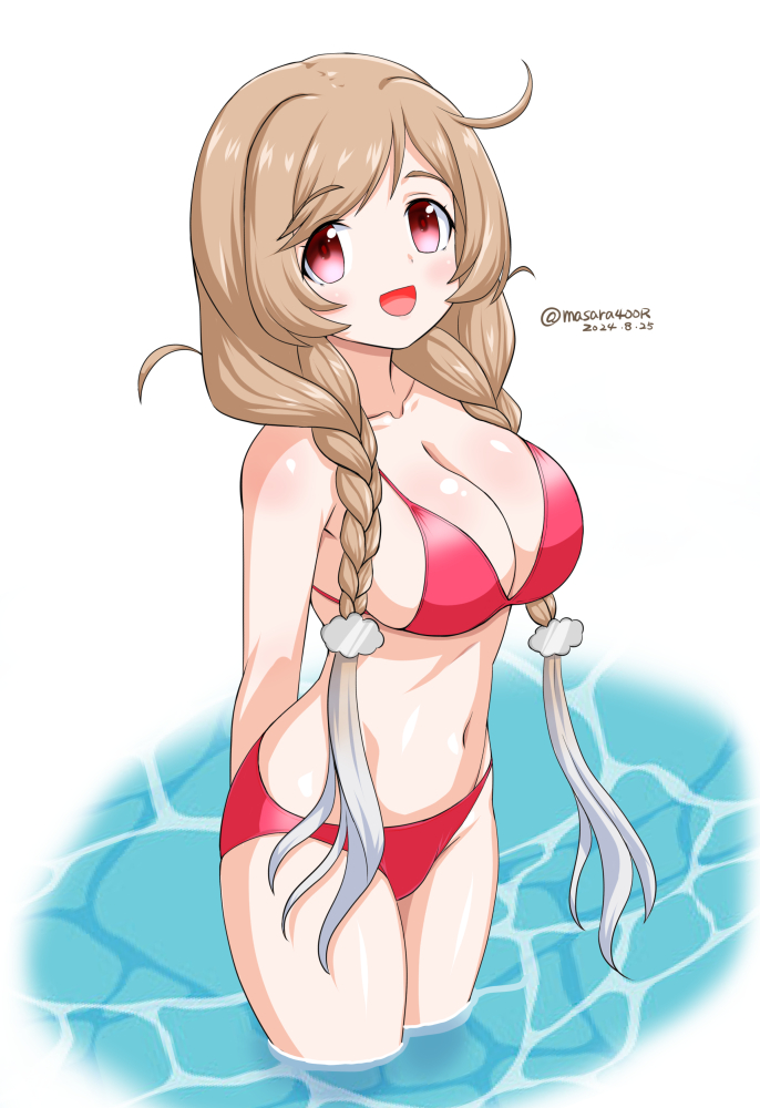 1girl arms_behind_back bikini braid breasts brown_eyes cleavage cloud_hair_ornament dated kantai_collection large_breasts light_brown_hair long_hair low_twin_braids masara_(chuujou) minegumo_(kancolle) navel one-hour_drawing_challenge red_bikini simple_background smile solo swimsuit twin_braids twitter_username wading water white_background