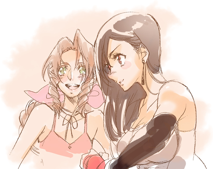 2girls aerith_gainsborough bare_arms bare_shoulders black_hair blush braid braided_ponytail breasts brown_hair choker cleavage dress earrings elbow_gloves final_fantasy final_fantasy_vii gloves green_eyes hair_behind_ear hair_between_eyes hair_over_shoulder hair_ribbon jewelry large_breasts long_hair looking_to_the_side medium_breasts multiple_girls open_mouth parted_bangs parted_lips pink_dress pink_ribbon red_eyes ribbon shirt sidelocks smile teeth tifa_lockhart torimeiro upper_body upper_teeth_only wavy_hair white_shirt