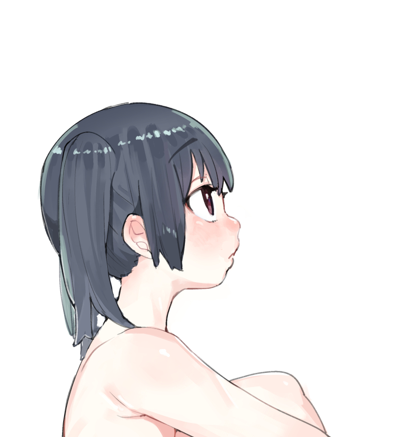 1girl black_hair blush brown_eyes commentary_request expressionless henry_bird_9 looking_up medium_hair nude original profile simple_background solo twintails white_background