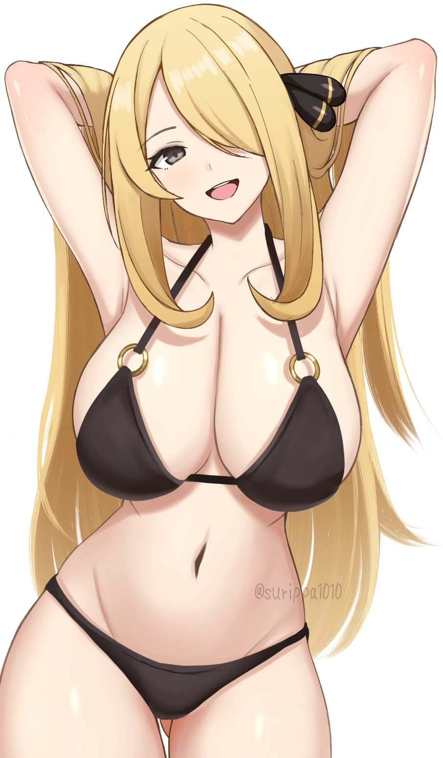 1girl :d arms_behind_head arms_up bikini black_bikini breasts cleavage creatures_(company) cynthia_(pokemon) game_freak gluteal_fold grey_eyes hair_over_one_eye highres large_breasts long_hair navel nintendo open_mouth pokemon pokemon_dppt simple_background smile solo stomach surippa1010 swimsuit very_long_hair white_background