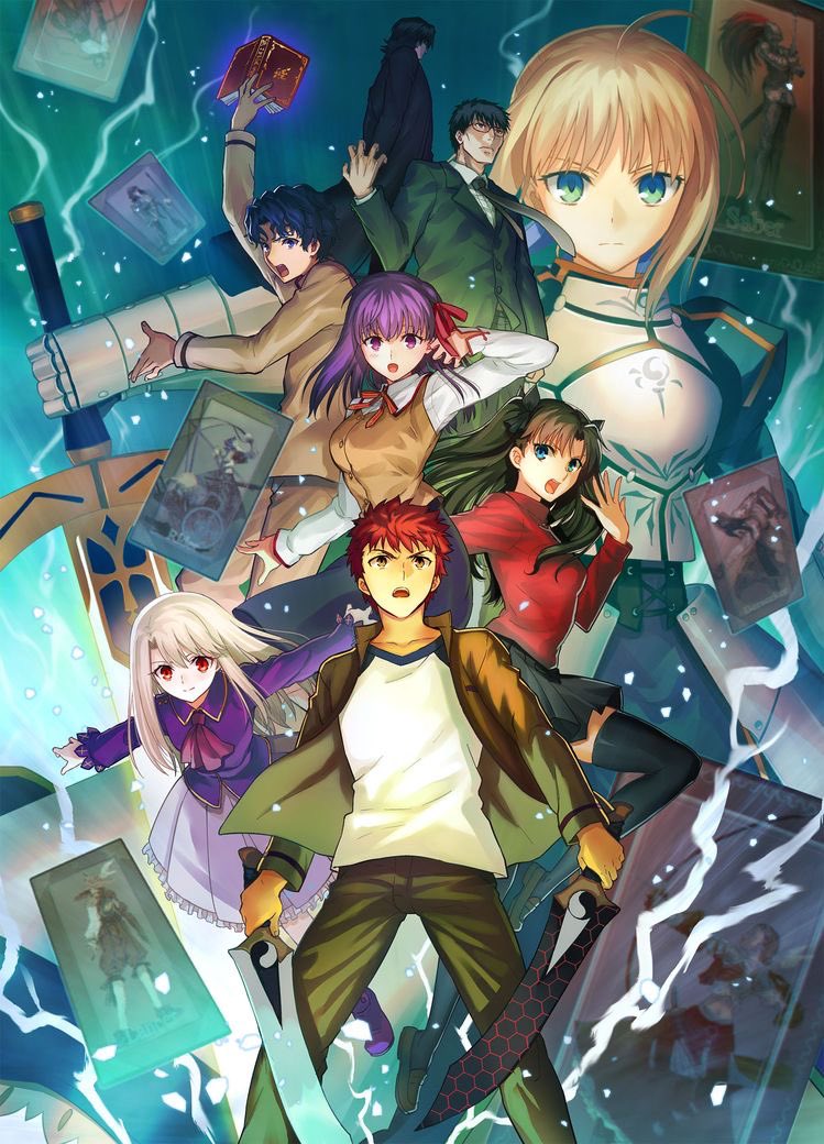 artoria_pendragon_(fate) book caliburn_(fate) emiya_shirou excalibur_(fate/stay_night) fate/stay_night fate_(series) holding holding_book holding_sword holding_weapon illyasviel_von_einzbern kanshou_&amp;_bakuya_(fate) kuzuki_souichirou matou_sakura matou_shinji medea_(fate) multiple_boys multiple_girls official_art promotional_art saber_(fate) sword task_owner third-party_source tohsaka_rin weapon