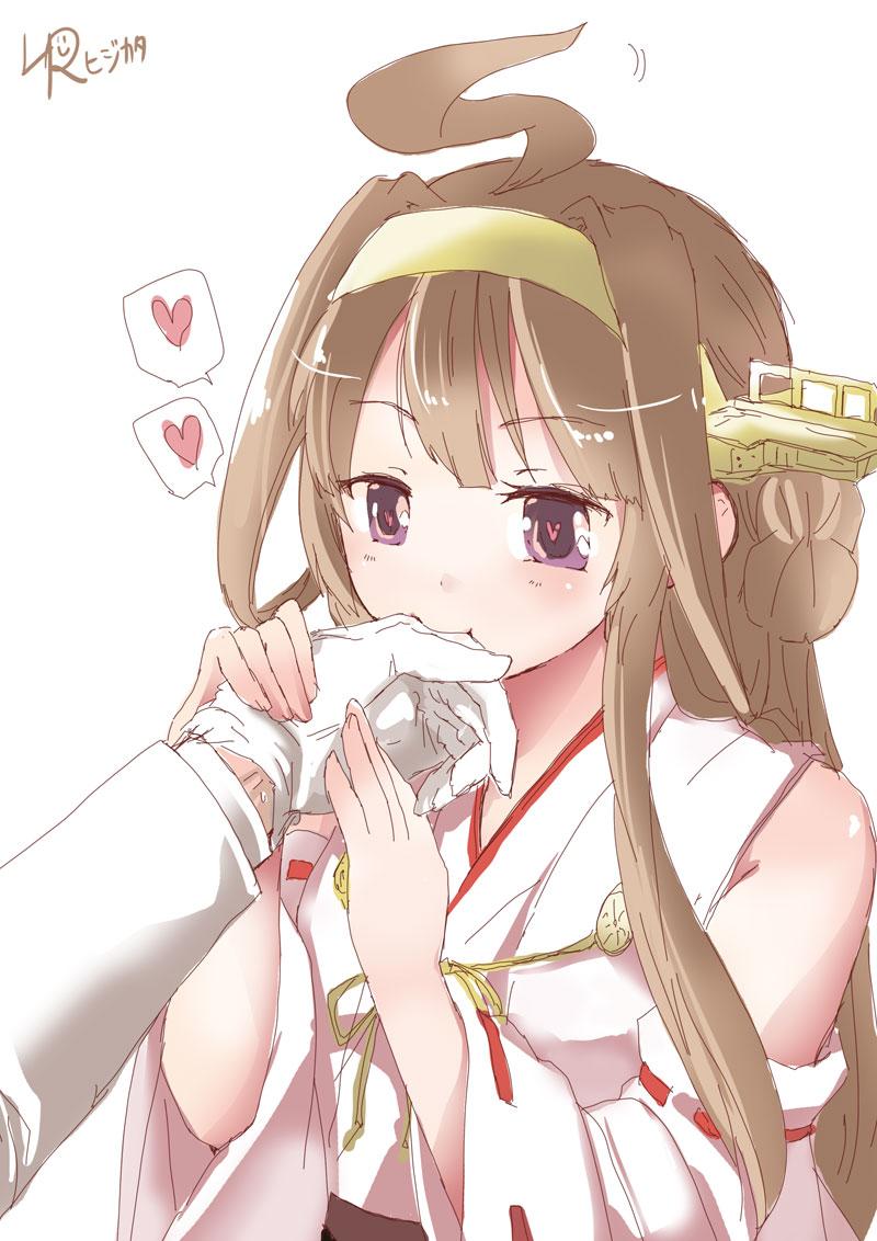 10s 1boy 1girl admiral_(kancolle) ahoge artist_name bare_shoulders biting biting_another&#039;s_hand biting_hand brown_hair commentary_request detached_sleeves double_bun gloves hair_bun hairband heart heart-shaped_pupils hetero holding_hands japanese_clothes kantai_collection kongou_(kancolle) long_hair lr_hijikata nontraditional_miko purple_eyes spoken_heart symbol-shaped_pupils