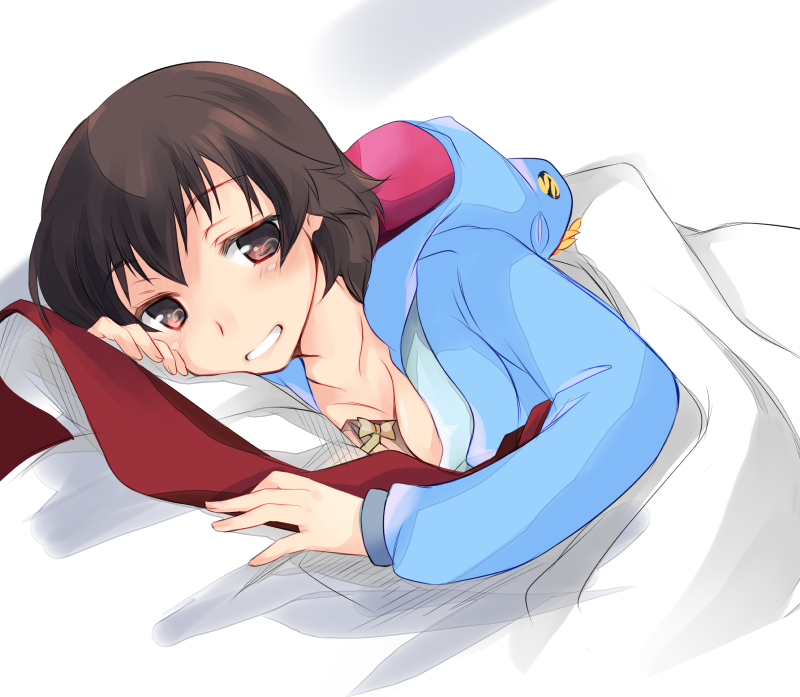 10s 1girl abenattou bed blush breasts brown_eyes brown_hair caesar_(girls_und_panzer) cleavage female_focus girls_und_panzer grin hippopotamus long_sleeves looking_at_viewer lying on_side pajamas pillow short_hair small_breasts smile solo under_covers