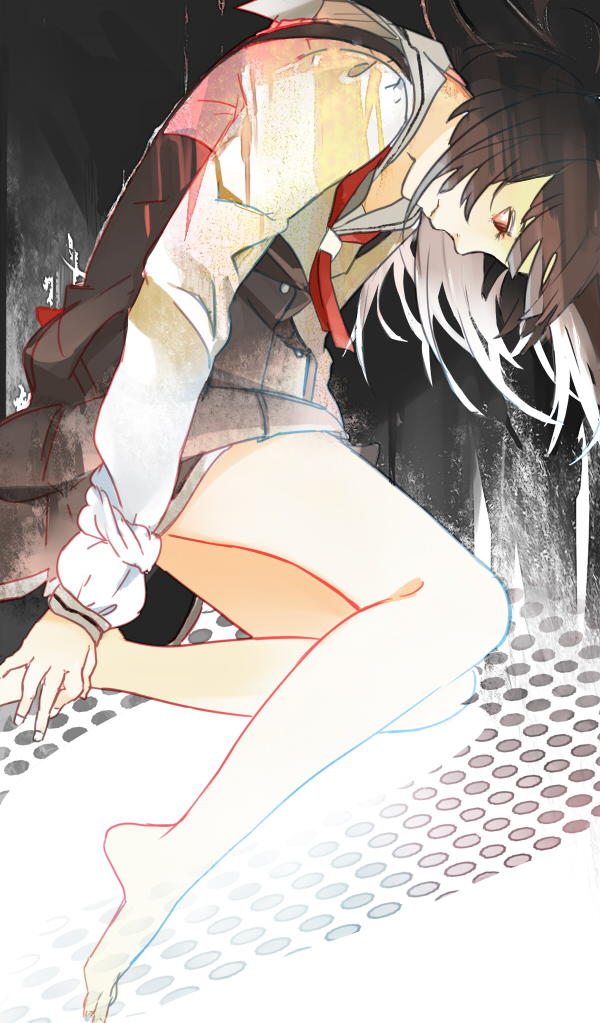 1girl bad_id bad_pixiv_id barefoot brown_hair feet female_focus monogatari_(series) otorimonogatari profile school_uniform sengoku_nadeko serafuku solo tribute_(tributism)