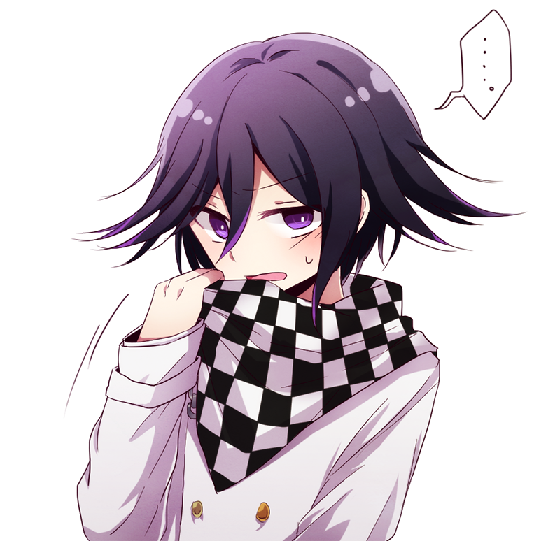 ... 1boy blush buttons checkered_clothes checkered_scarf commentary_request covering_own_mouth danganronpa_(series) danganronpa_v3:_killing_harmony flipped_hair hair_between_eyes long_sleeves looking_at_viewer male_focus oma_kokichi open_mouth purple_eyes purple_hair scarf scarf_over_mouth short_hair shy simple_background solo spoken_ellipsis sweat two-tone_scarf upper_body white_background yng027