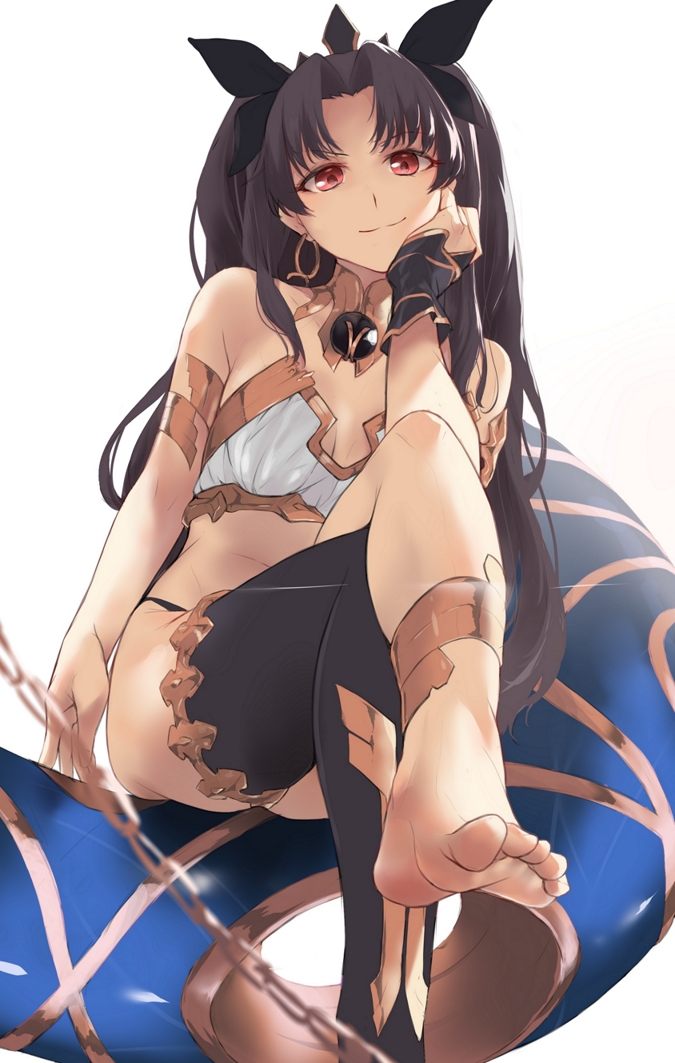 1girl anklet armlet asymmetrical_legwear asymmetrical_sleeves barefoot bikini black_bikini black_bow black_hair bow breasts bridal_gauntlets chain closed_mouth crossed_legs den_(kur0_yuki) detached_collar detached_sleeves earrings fate/grand_order fate_(series) feet femdom foot_focus foreshortening from_below gold_trim hair_bow heavenly_boat_maanna hoop_earrings ishtar_(fate) jewelry legs long_hair looking_at_viewer medium_breasts mismatched_bikini neck_ring parted_bangs red_eyes simple_background single_detached_sleeve single_thighhigh sitting smile solo swimsuit thighhighs tiara toes two_side_up uneven_legwear uneven_sleeves weapon white_background white_bikini