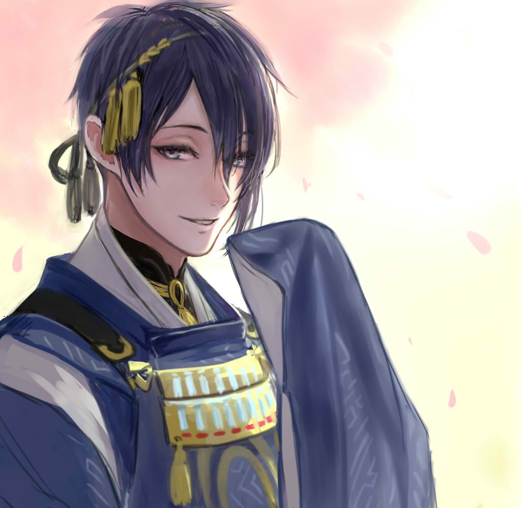 1boy bad_id bad_twitter_id commentary_request hair_between_eyes hand_up japanese_clothes long_sleeves looking_at_viewer male_focus mikazuki_munechika parted_lips purple_eyes purple_hair romiy sleeves_past_fingers sleeves_past_wrists smile solo touken_ranbu upper_body wide_sleeves