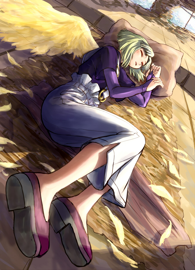 1990s_(style) 1boy bishounen dutch_angle emilio_michaelov closed_eyes feathers full_body green_hair male_focus nakajima_majikana pants pillow psychic_force retro_artstyle shirt shoes sleeping solo taito wings