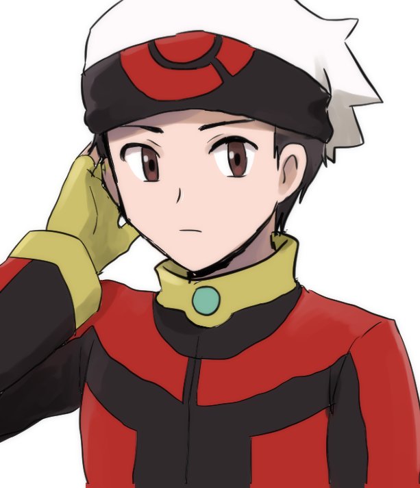 1boy black_hair brendan_(pokemon) brown_eyes closed_mouth creatures_(company) fingerless_gloves game_freak gloves hat kometubu0712 looking_away male_focus nintendo pokemon pokemon_rse solo upper_body white_background yellow_gloves