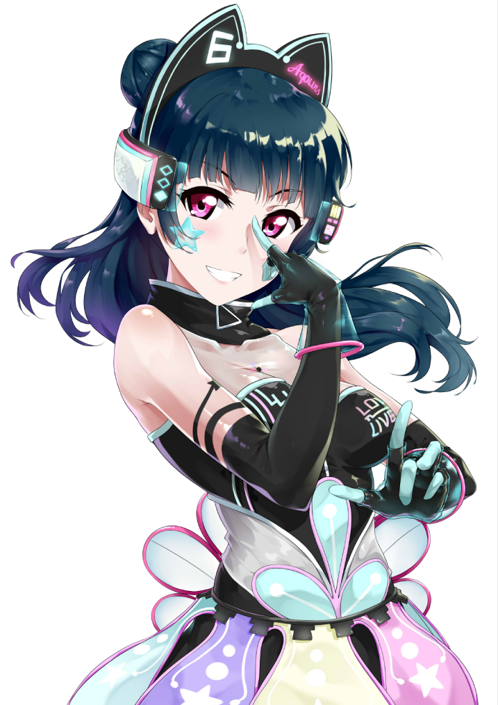 10s bare_shoulders blue_hair blush cyber dress gloves long_hair love_live! love_live!_school_idol_festival love_live!_sunshine!! pink_eyes tsushima_yoshiko