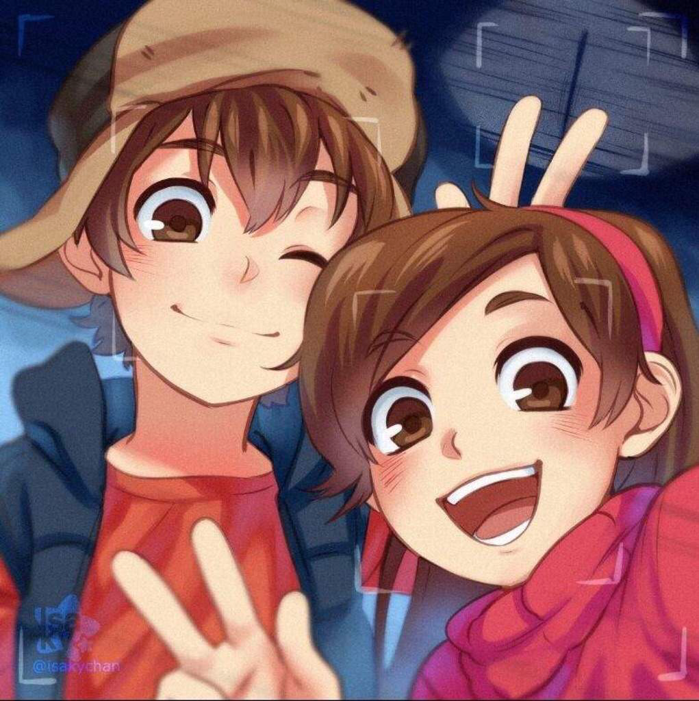 1boy 1girl blush brother_and_sister brown_eyes brown_hair dipper_pines gravity_falls hairband hat long_hair long_sleeves looking_at_viewer mabel_pines open_mouth shirt short_hair siblings smile sweater turtleneck twins user_usvp8572