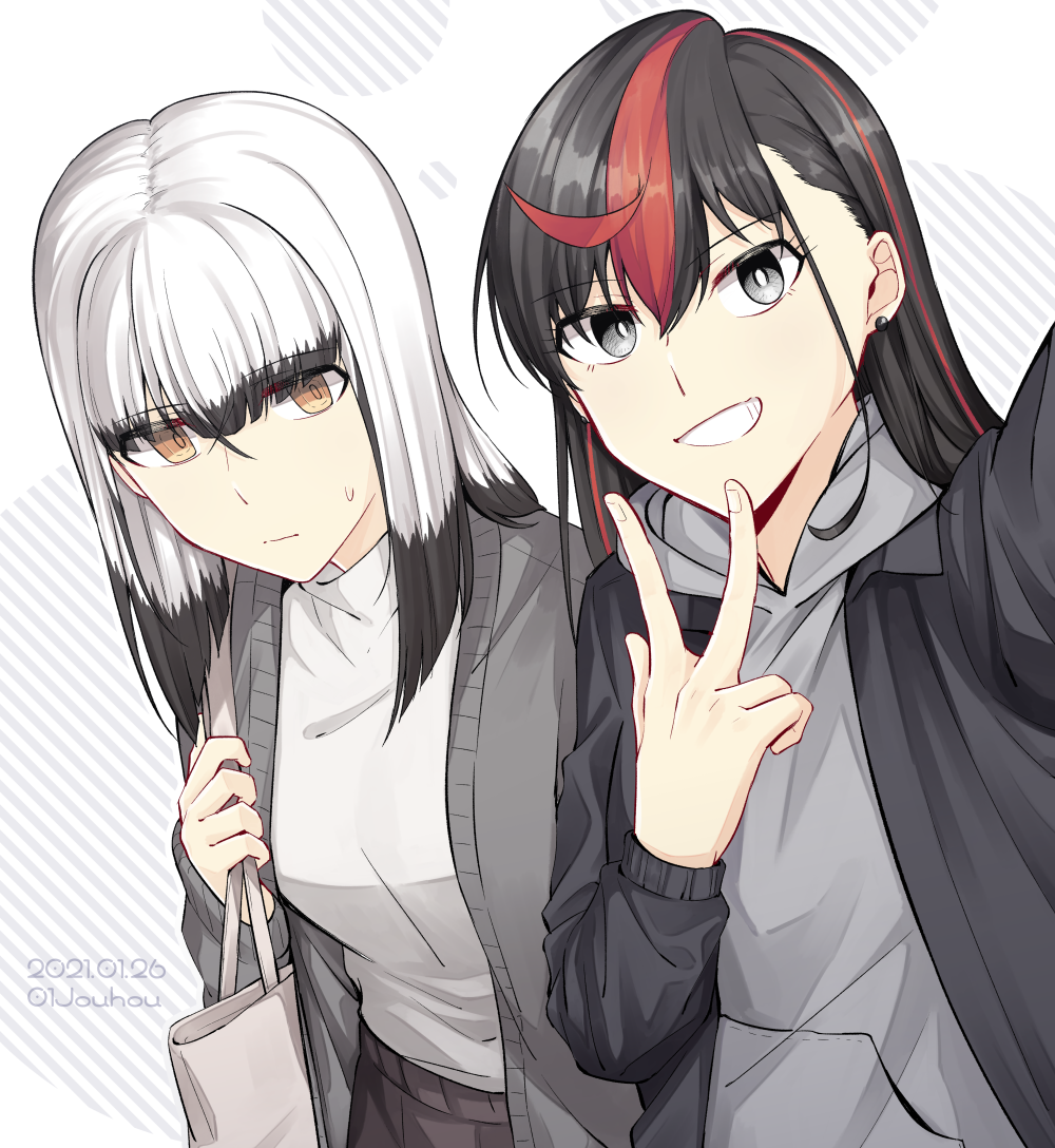 2girls bag black_hair blunt_bangs breasts brown_eyes closed_mouth commentary_request dated earrings grey_bag grey_hair grey_hoodie grey_jacket grey_sweater grin holding holding_bag hood hood_down hoodie inago_akira inward_v jacket jewelry jouhou long_hair long_sleeves looking_at_viewer medium_breasts medium_hair multicolored_hair multiple_girls open_clothes open_jacket red_hair satsuki_yomi selfie smile streaked_hair sweat sweater toji_no_miko turtleneck turtleneck_sweater twitter_username two-tone_hair v white_background