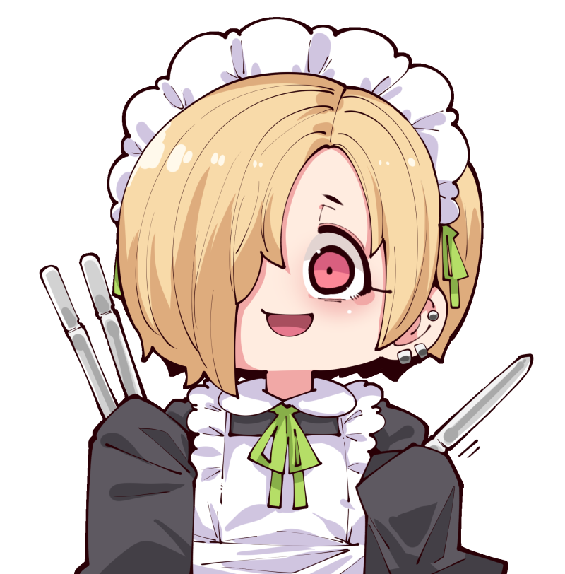 1girl :d apron chibi cosplay green_neckwear green_ribbon hair_over_one_eye hair_ribbon holding holding_knife idolmaster idolmaster_cinderella_girls izayoi_sakuya izayoi_sakuya_(cosplay) knife long_sleeves looking_at_viewer maid_headdress one_eye_covered open_mouth pink_eyes ribbon shirasaka_koume simple_background sleeves_past_fingers sleeves_past_wrists smile solo takato_kurosuke white_apron white_background wide-eyed