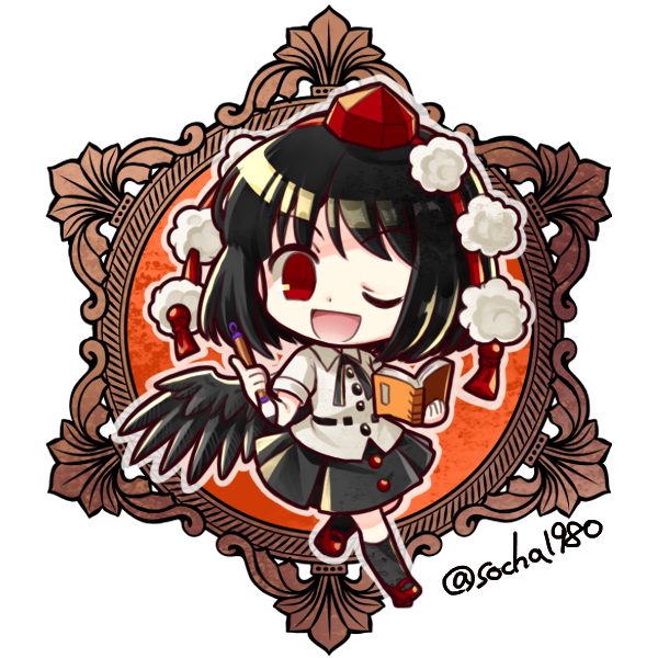 1girl ;d black_hair black_ribbon black_skirt black_socks black_wings book calligraphy_brush chibi chibi_only collared_shirt full_body geta hat holding holding_book holding_brush looking_at_viewer neck_ribbon one_eye_closed open_mouth paintbrush pom_pom_(clothes) red_eyes red_footwear red_hat ribbon shameimaru_aya shirt short_sleeves skirt smile socha socks solo tengu-geta tokin_hat touhou transparent_background twitter_username white_shirt wings