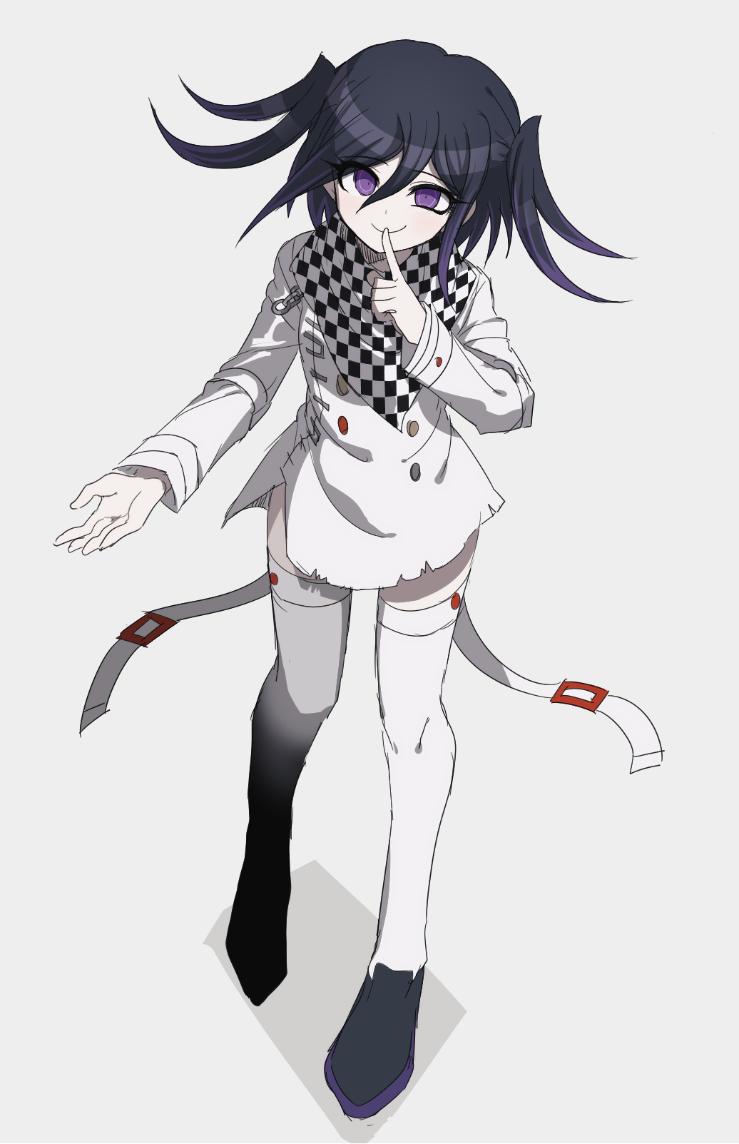 1girl arm_belt black_hair buttons checkered_clothes checkered_scarf commentary_request danganronpa_(series) danganronpa_v3:_killing_harmony dress eyelashes finger_to_mouth flipped_hair full_body genderswap genderswap_(mtf) grey_background hair_between_eyes highres log_80000 long_sleeves looking_at_viewer medium_hair multicolored_buttons oma_kokichi purple_eyes purple_hair scarf short_twintails shushing simple_background sketch smile smirk solo standing straitjacket thigh_strap thighhighs torn_clothes twintails two-tone_scarf two_side_up white_dress white_thighhighs