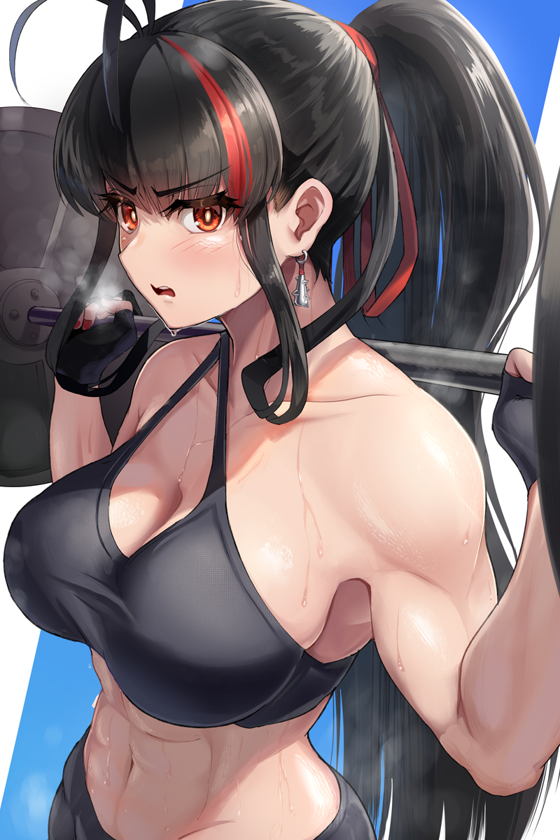 1girl ahoge antenna_hair black_hair blush breasts breath cleavage collarbone commentary_request earrings exercising fingerless_gloves frown gloves hair_ribbon hawe_king highres jewelry kanna_(hawe_king) large_breasts long_hair looking_at_viewer multicolored_hair muscular muscular_female navel open_mouth original ponytail red_eyes red_nails ribbon sidelocks simple_background solo sports_bra sportswear steam steaming_body stomach streaked_hair sweat upper_body weightlifting weights