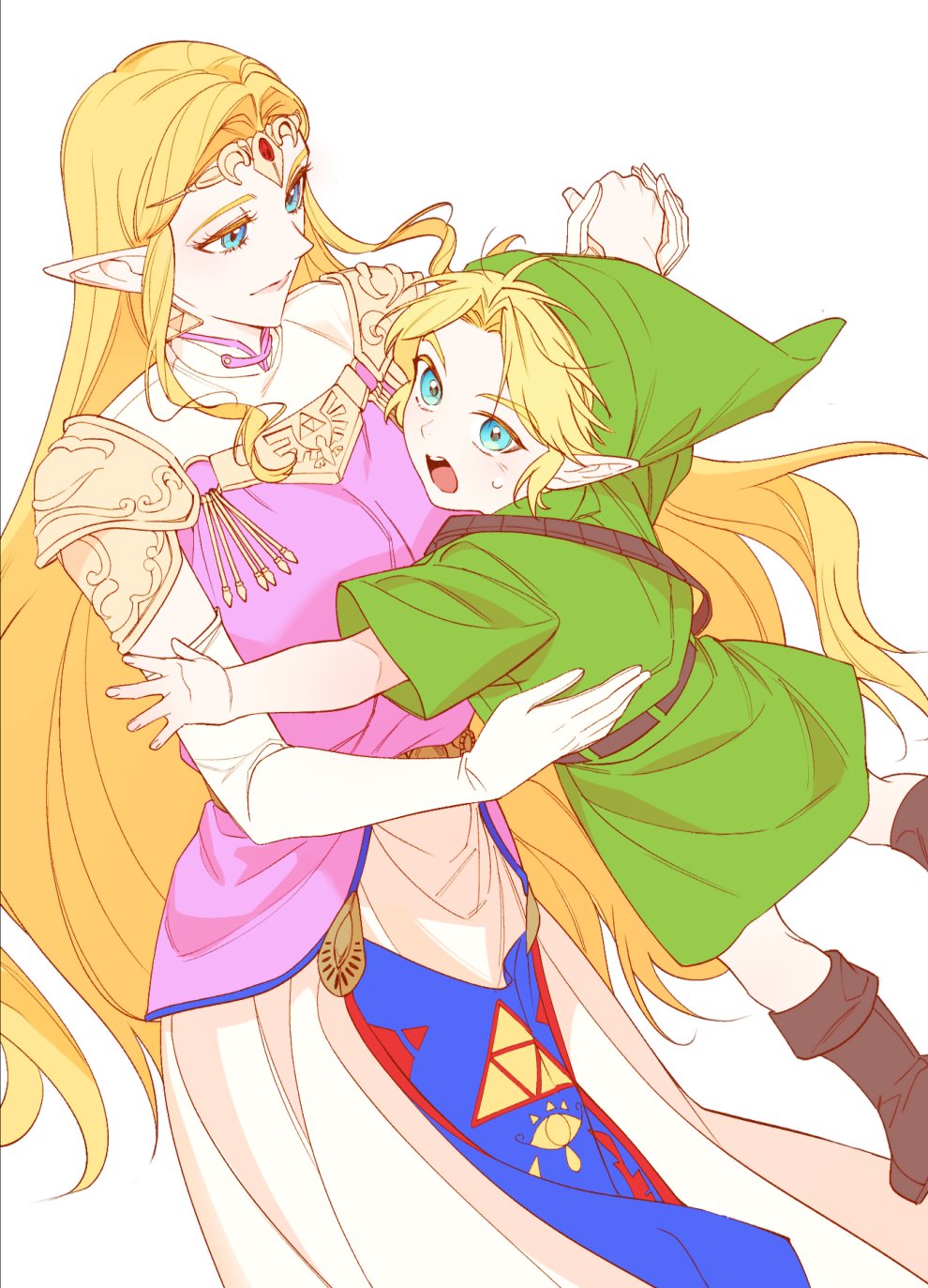 1boy 1girl age_difference armor belt blonde_hair blue_eyes boots dancing dress elbow_gloves gam922 gloves hat highres holding_hands hug link long_hair looking_at_another looking_at_viewer nintendo pauldrons pink_lips pointy_ears princess_zelda shoulder_armor sweat tabard the_legend_of_zelda the_legend_of_zelda:_ocarina_of_time tiara time_paradox tunic white_background young_link