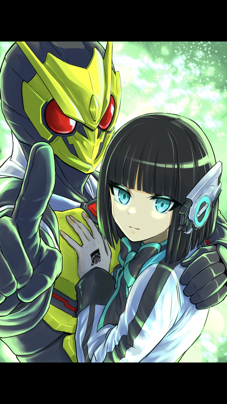 1boy 1girl armor black_bodysuit black_hair blue_eyes bodysuit coat commentary_request green_background highres is_(kamen_rider_01) kamen_rider kamen_rider_01_(series) kamen_rider_zero-one nakayoshi_koyoshi pointing pointing_at_viewer power_armor robot_ears short_hair upper_body white_coat yellow_armor