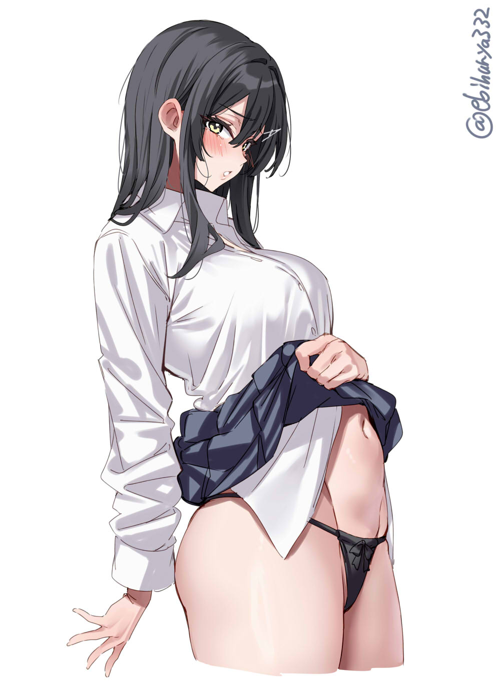 1girl artist_name black_panties blue_skirt blush bow bow_panties breasts clothes_lift commentary_request ebifurya hair_between_eyes highres kantai_collection large_breasts lifting_own_clothes long_hair long_sleeves looking_at_viewer navel one-hour_drawing_challenge oyashio_(kancolle) panties shirt simple_background skirt skirt_lift solo stomach thighs twitter_username underwear white_background white_shirt