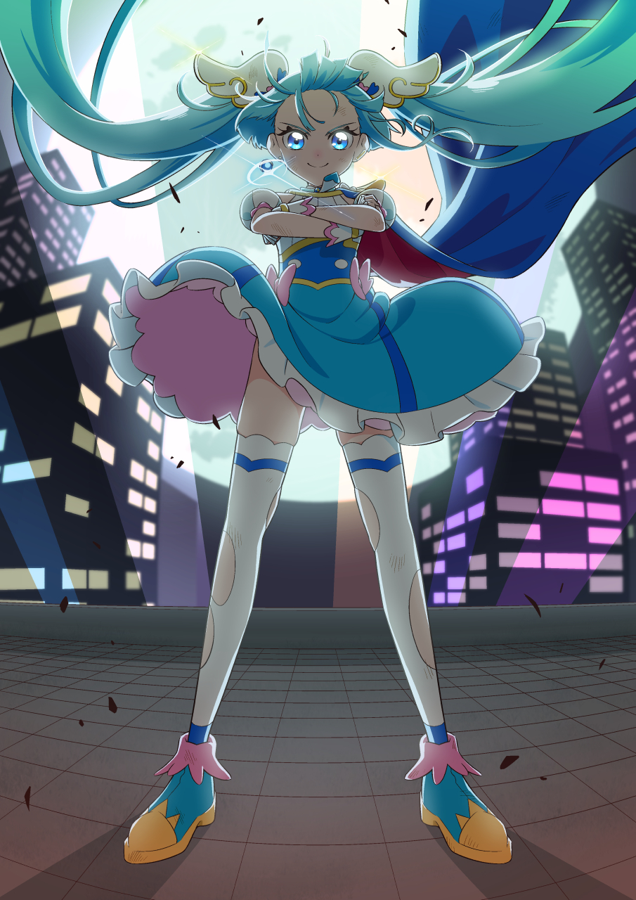 1girl blue_eyes blue_hair brooch city city_lights closed_mouth cure_sky detached_sleeves dress fingerless_gloves frilled_dress frills full_moon gloves gunbuster_pose highres hirogaru_sky!_precure jewelry long_hair magical_girl moon multicolored_hair night night_sky paid_reward_available precure puffy_detached_sleeves puffy_sleeves shoes sky smile solo sora_harewataru streaked_hair thighhighs tiler_(tiler00) torn_clothes twintails two-tone_dress two-tone_footwear two-tone_hair very_long_hair white_gloves white_thighhighs wind wing_brooch wing_hair_ornament