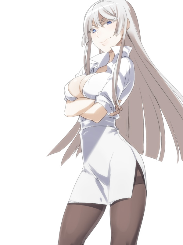 1girl blue_eyes breast_hold breasts cleavage crossed_arms female_focus jormungand_(manga) koko_hekmatyar large_breasts long_hair naso4 pantyhose pencil_skirt popped_collar silver_hair skirt solo thighband_pantyhose