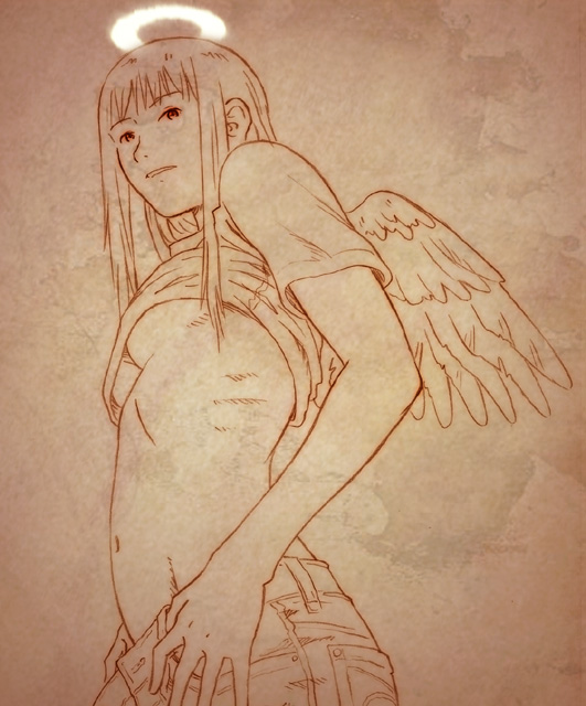 00s 1girl aaru_sentou_shuudan blunt_bangs breasts clothes_lift female_focus from_below haibane_renmei halo hime_cut long_hair midriff monochrome orange_theme reki_(haibane) shirt_lift solo traditional_halo underboob undressing wings