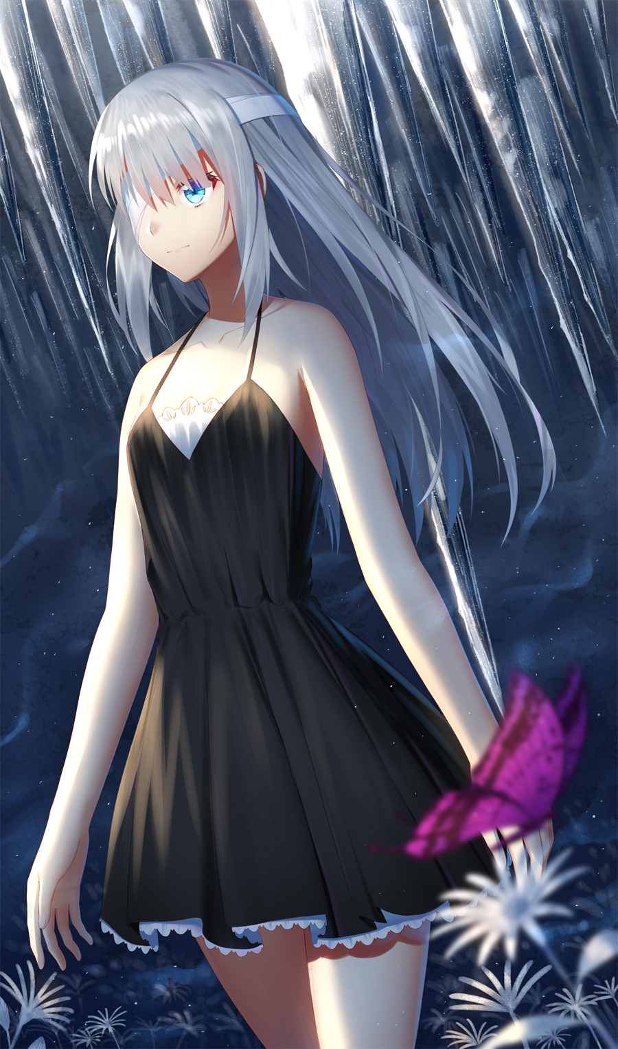 1girl bandage_over_one_eye black_dress blue_eyes bug butterfly collarbone cowboy_shot dress dutch_angle female_focus floating_hair flower highres insect ji_dao_ji long_hair original short_dress silver_hair sleeveless sleeveless_dress smile solo standing very_long_hair white_flower