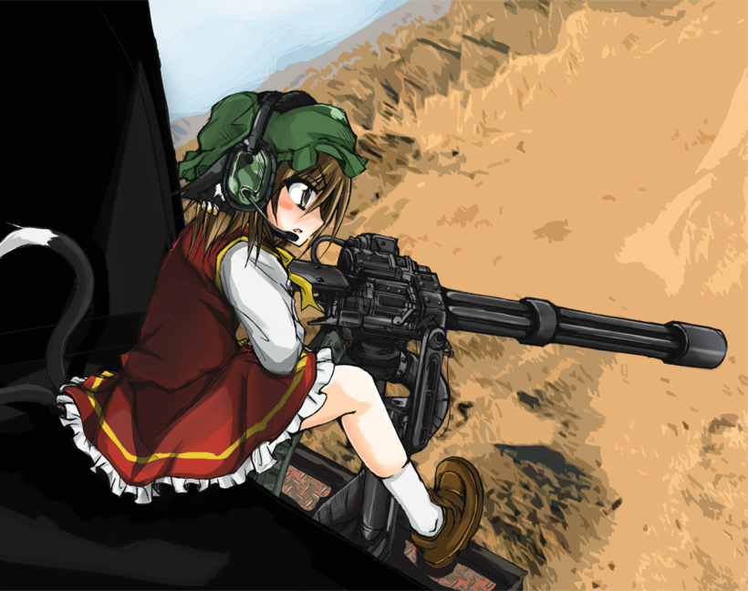 1girl aircraft ammunition_belt ammunition_chute animal_ears arukana bad_id bad_pixiv_id brown_hair cat_ears cat_girl cat_tail chen door_gunner doorgunner_(full_metal_jacket) female_focus full_metal_jacket gatling_gun gun hat headphones headset helicopter m134_minigun machine_gun medium_machine_gun minigun multiple-barrel_gun multiple_tails nekomata office_(soda_parfait) parody rotary_machine_gun short_hair solo tail touhou two_tails weapon yellow_eyes