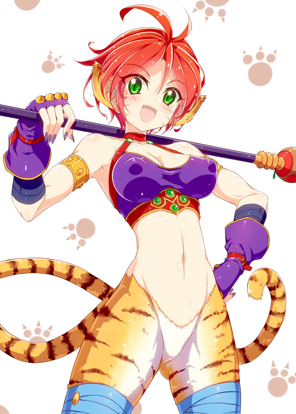 1girl animal_ears blush breasts breath_of_fire breath_of_fire_ii bustier cat_ears cat_tail facial_mark furry furry_female gloves green_eyes highres looking_at_viewer medium_breasts nail_polish no_panties no_pants open_mouth pointy_ears red_hair rinpoo_chuan short_hair smile solo staff tail yakisoba_(kaz2113)