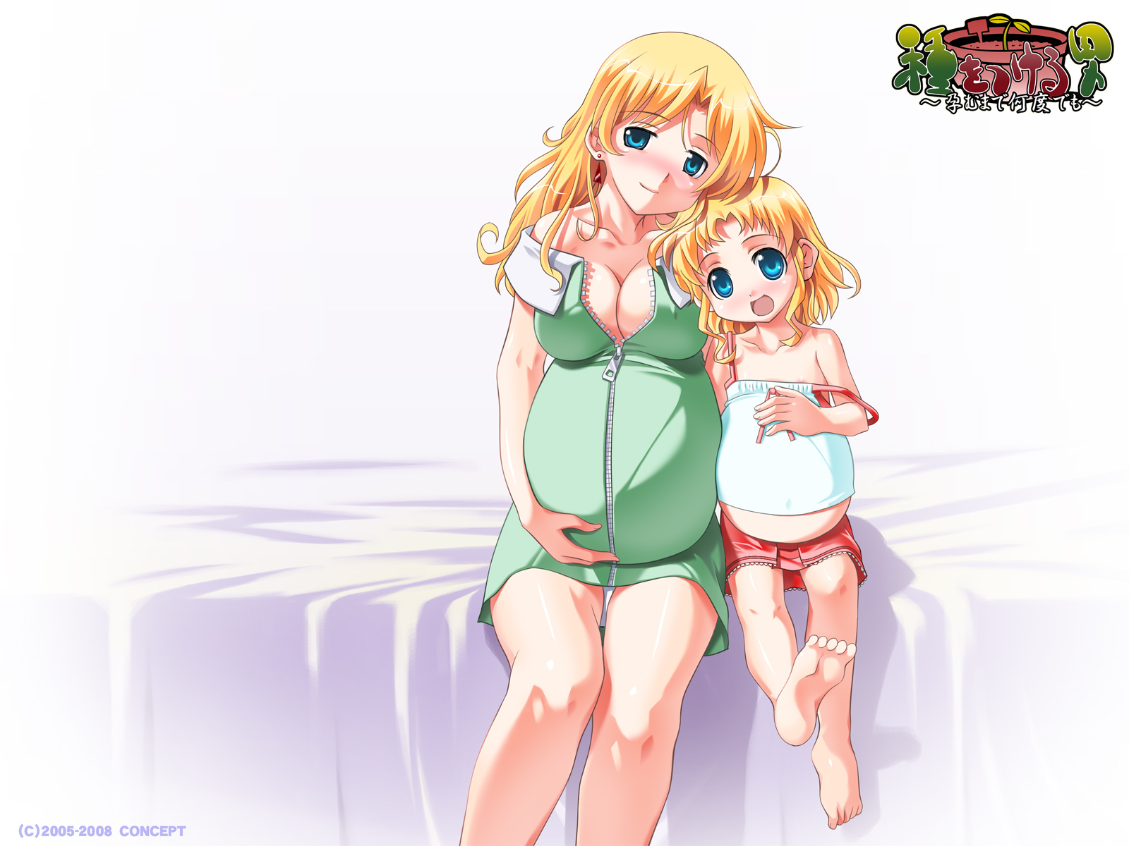 alice fairchild, naomi fairchild, tane wo tsukeru otoko, highres, 2girls,  age difference, barefoot, bed, blonde hair, blue eyes, breasts, earrings,  family, feet, flat chest, happy, huge breasts, jewelry, loli, long hair,  looking