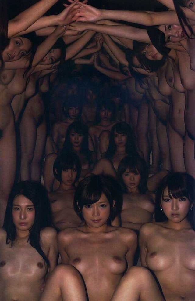 6+girls arms_up asian black_hair blurry breasts breasts_apart brown_eyes brown_hair collarbone completely_nude cult depth_of_field earrings fingers_together groin interlocked_fingers japanese_(nationality) jewelry jpeg_artifacts long_hair looking_at_viewer medium_breasts multiple_girls navel nipples nude pubic_hair short_hair small_breasts spread_legs what