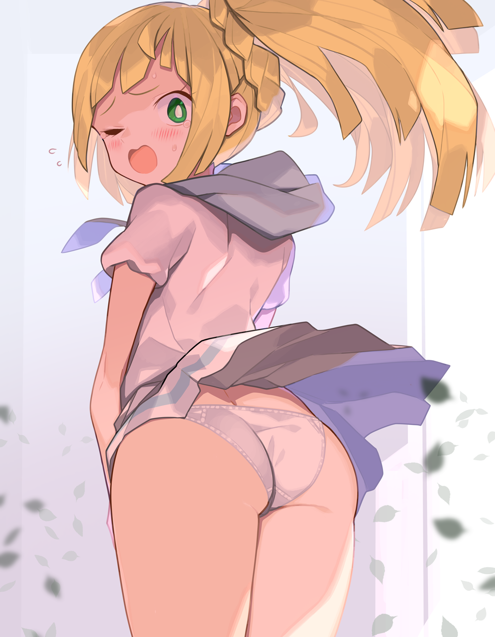 1girl ass blonde_hair blush braid clothes_lift commentary_request commission cowboy_shot creatures_(company) from_behind game_freak green_eyes high_ponytail highres hooded_shirt lillie_(pokemon) miniskirt nintendo one_eye_closed open_mouth panties pantyshot pleated_skirt pokemon pokemon_sm ponytail_with_braided_base shirt short_sleeves skeb_commission skirt skirt_lift skirt_tug solo spring2013 underwear white_background white_panties white_shirt white_skirt