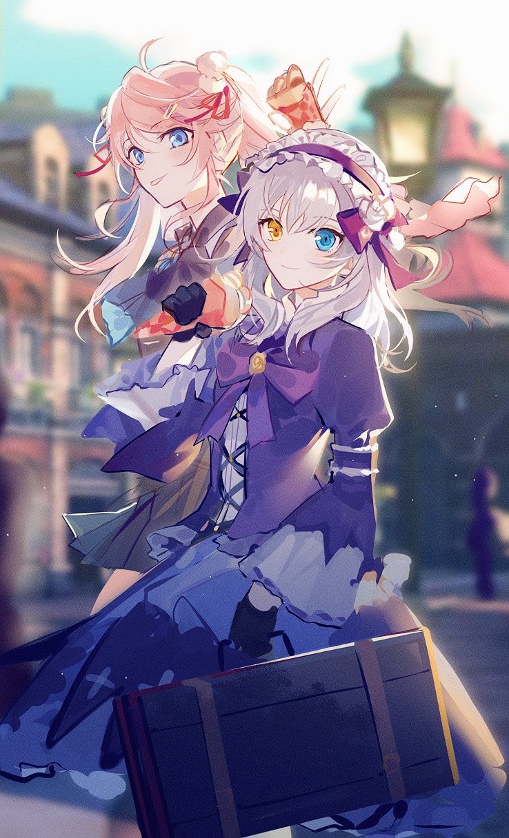 2girls :p arashiko_falcom ascot black_gloves black_skirt blue_ascot blue_eyes blue_skirt blurry blurry_background bow breasts closed_mouth commentary crepe cross-laced_clothes day dress eiyuu_densetsu feet_out_of_frame food frilled_hairband frills from_side gloves grey_hair hair_bow hair_ornament hairband hairclip hajimari_no_kiseki heterochromia highres holding holding_food holding_suitcase juliet_sleeves lamppost lapis_rosenberg large_bow long_hair long_sleeves looking_at_viewer medium_hair miniskirt multiple_girls nadia_rayne outdoors pink_hair pleated_skirt pom_pom_(clothes) pom_pom_hair_ornament puffy_sleeves purple_bow purple_dress purple_hairband skirt small_breasts smile standing suitcase tongue tongue_out twintails wide_sleeves yellow_eyes