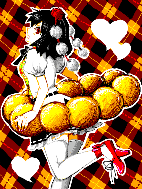 1girl bad_id bad_pixiv_id black_hair doughnut female_focus food hat heart high_heels looking_at_viewer mot oversized_object plaid shameimaru_aya shoes solo thighhighs touhou