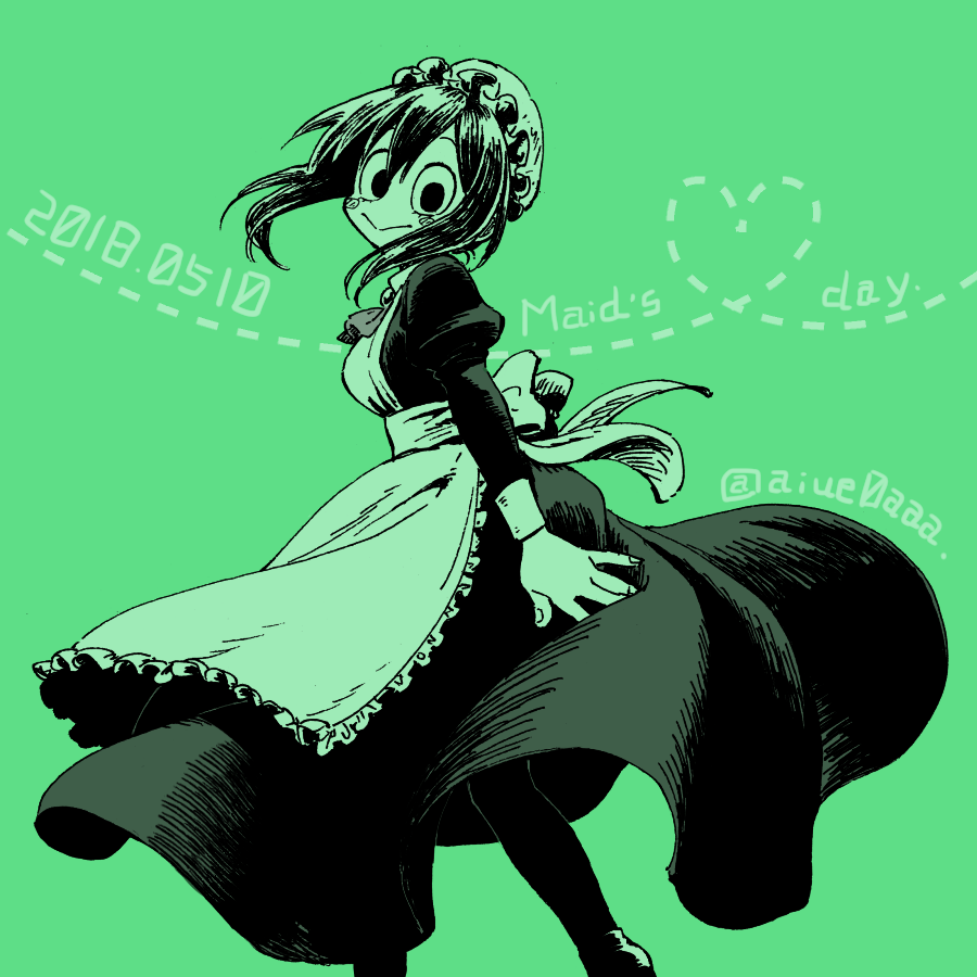 10s 1girl aiue0 alternate_costume apron asui_tsuyu boku_no_hero_academia dress enmaided female_focus frog_girl green_theme hat maid mob_cap monochrome solo white_hat