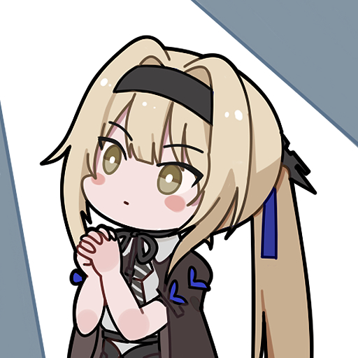 1girl bianca:_veritas_(pgr) bianca_(pgr) black_hairband black_ribbon blonde_hair bright_pupils chibi chibi_only chinese_commentary closed_mouth commentary_request euyueuy hairband long_hair looking_up neck_ribbon official_art own_hands_clasped own_hands_together ponytail punishing:_gray_raven ribbon simple_background solo upper_body white_background white_pupils yellow_eyes