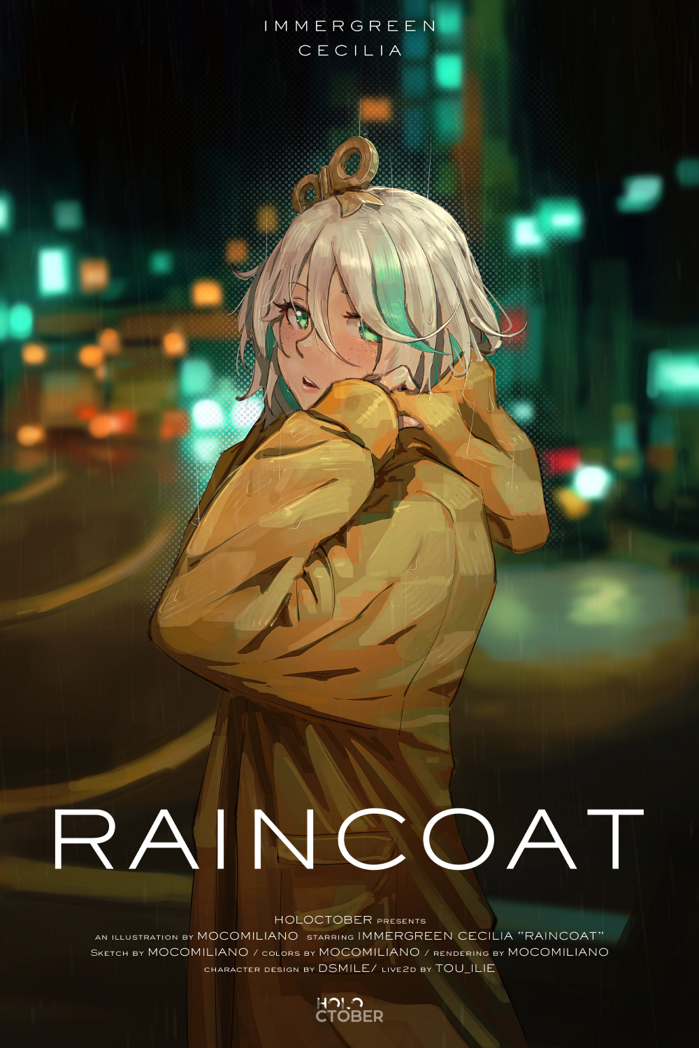 1girl cecilia_immergreen city_lights green_eyes green_hair grey_hair highres hololive hololive_english mocomiliano multicolored_hair outdoors rain road short_hair streaked_hair street virtual_youtuber winding_key yellow_raincoat