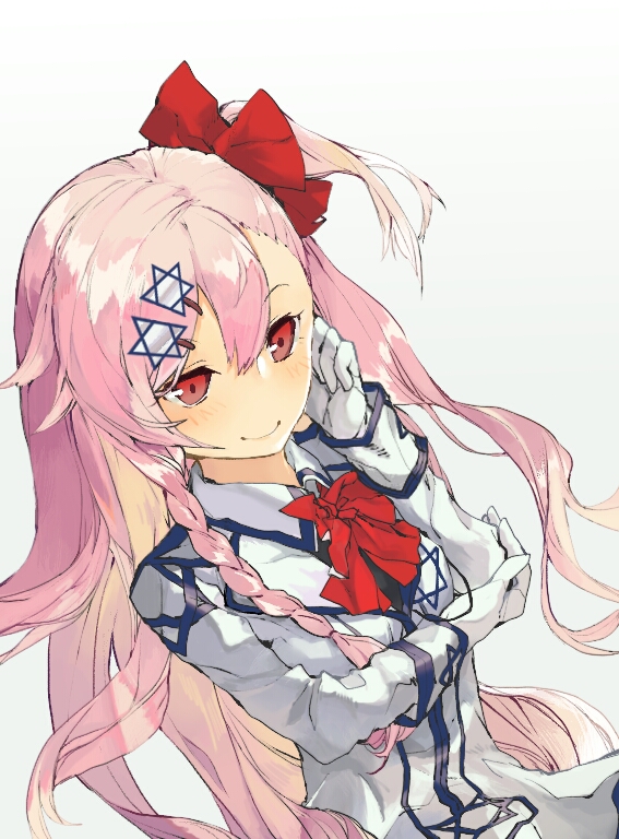 1girl arm_across_chest asymmetrical_hair blush bow braid breasts female_focus girls&#039;_frontline gloves gradient_background hair_between_eyes hair_bow hair_ornament hair_ribbon hairclip hand_on_own_cheek hand_on_own_face hexagram holding_own_arm long_hair negev_(girls&#039;_frontline) one_side_up pink_hair red_bow red_eyes ribbon rocco simple_background skirt smile solo star_of_david white_gloves white_skirt