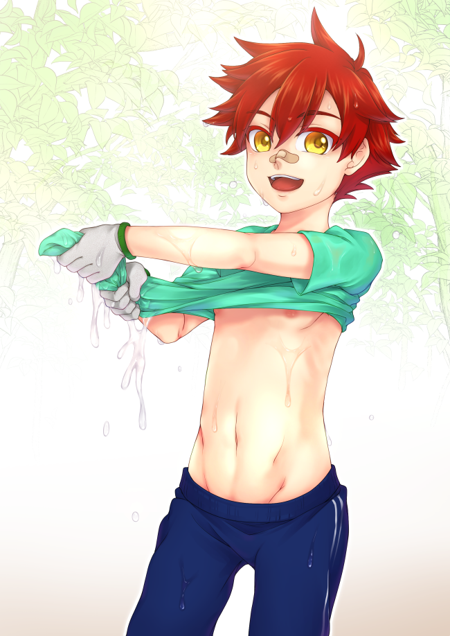 10s 1boy aizen_kunitoshi bandaid bandaid_on_face bandaid_on_nose clothes_lift looking_at_viewer male_focus navel nokkosu open_mouth red_hair shirt_lift smile solo touken_ranbu wet wet_clothes wringing_clothes yellow_eyes