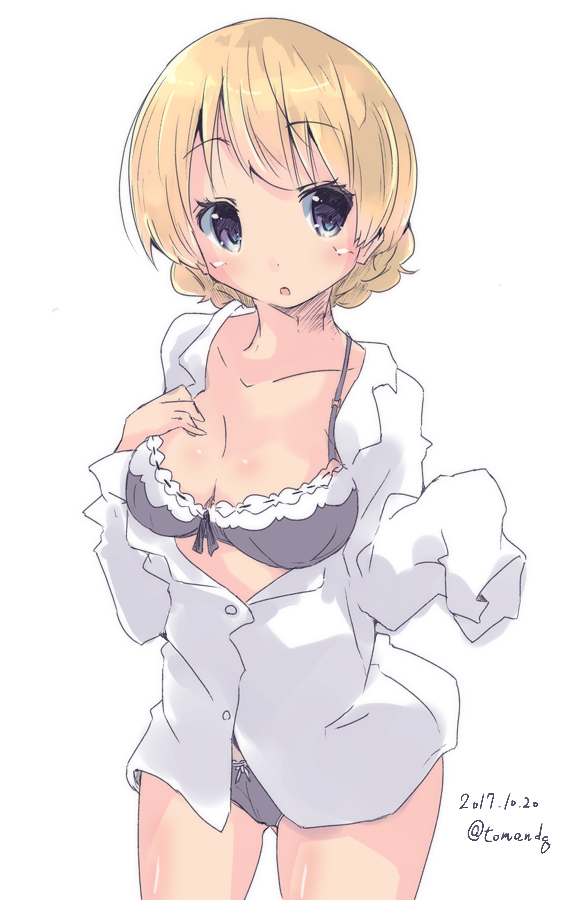 1girl :o blonde_hair blue_bra blue_eyes blue_panties bow bow_bra bow_panties bra braid breasts commentary cowboy_shot darjeeling_(girls_und_panzer) dated dress_shirt frilled_bra frills girls_und_panzer hand_on_own_chest looking_at_viewer medium_breasts no_pants open_mouth panties partially_unbuttoned shirt short_hair simple_background sleeves_past_fingers sleeves_past_wrists solo standing tom_q_(tomtoq) twin_braids twitter_username underwear undressing white_background white_shirt