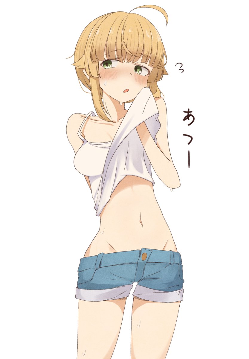 1girl ahoge averting_eyes blonde_hair blush breasts clothes_lift denim denim_shorts eyebrows_hidden_by_hair feet_out_of_frame flying_sweatdrops from_below green_eyes groin hair_between_eyes lifting_own_clothes long_bangs lowleg lowleg_shorts medium_breasts midriff mushoku_tensei navel norn_greyrat open_mouth root_(1732050807point) shirt shirt_lift short_hair shorts simple_background solo standing stomach sweat white_background white_shirt wiping_sweat