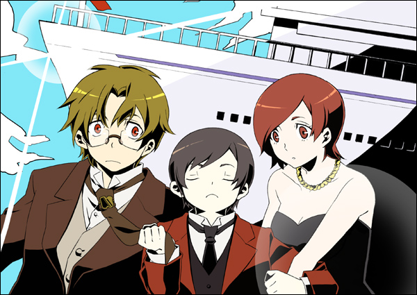 1girl 2boys baccano! bad_id bad_pixiv_id border child czeslaw_meyer ennis firo_prochainezo formal_clothes glasses homunculus lens_flare machi_ojisan multiple_boys necktie parody red_eyes red_hair ship short_hair style_parody suit tengen_toppa_gurren_lagann watercraft