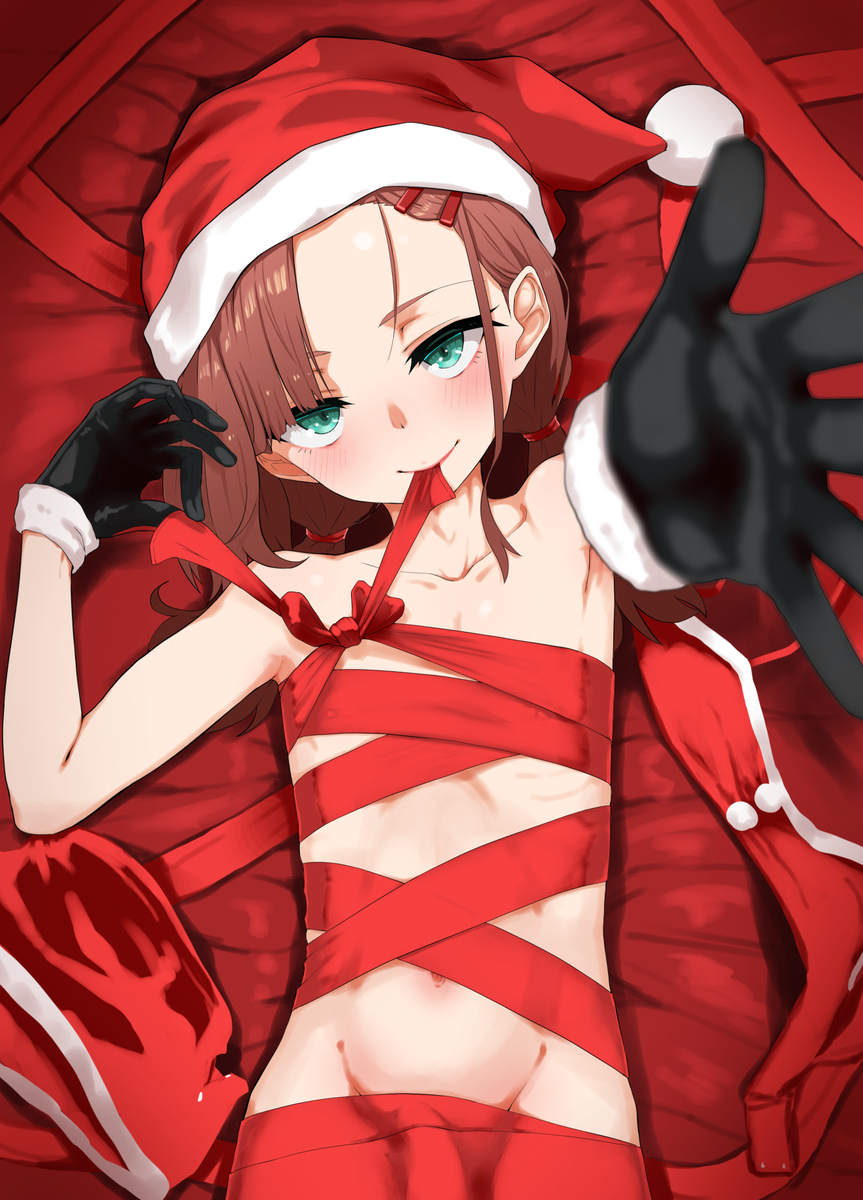 1boy brown_hair christmas_present crossdressing gift green_eyes hair_ornament hairclip hat naked_ribbon nori_(norinorirrr) red_ribbon ribbon santa_hat trap