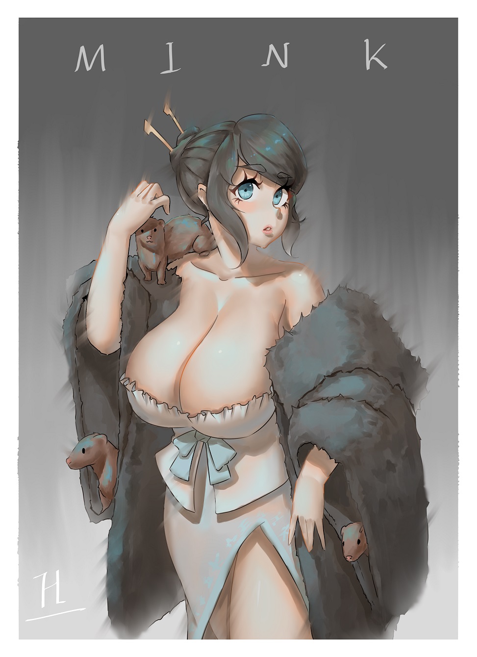 1girl bare_shoulders black_cat black_hair blue_eyes blush border breasts cat coat collarbone dress fur_coat grey_dress grey_shirt hair_behind_ear hair_ornament hair_stick highres huge_breasts looking_at_viewer maboroshi_kirin mink_(animal) off_shoulder original parted_lips shirt solo strapless strapless_shirt white_border