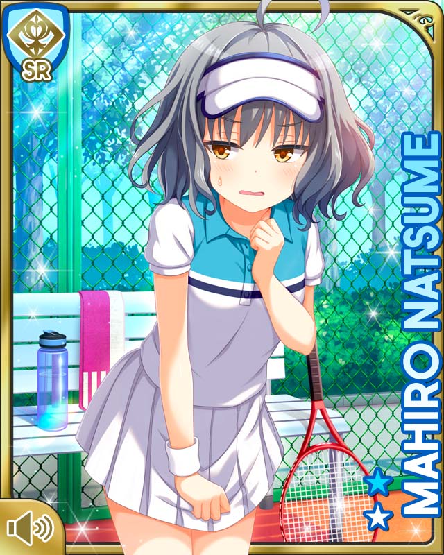 1girl ahoge ball brown_eyes card_(medium) day frilled_skirt frills girlfriend_(kari) natsume_mahiro official_art open_mouth orange_eyes outdoors pleated_skirt qp:flapper racket shirt short_hair silver_hair skirt solo sportswear standing tagme tennis tennis_ball tennis_racket tennis_uniform unsure wavy_hair white_shirt white_skirt