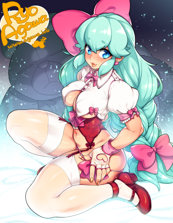 1girl agawa_ryou aqua_hair bad_id bad_tumblr_id bear belly blue_eyes bow breasts covered_erect_nipples earrings female_focus hair_bow heart_headband high_heels jewelry long_hair looking_at_viewer mary_janes medium_breasts navel parted_lips pink_bow shoes solo thick_eyebrows thick_lips thighhighs thighs very_long_hair white_thighhighs